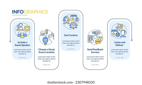 Zunehmende Business-Events nehmen Rechteck Infografik Vorlage. Visualisierung von Daten in 5 Schritten. Bearbeitbare Timeline-Info-Diagramm. Workflow-Layout mit Zeilensymbole. Verwendete "Lato-Fett"-Schriftarten