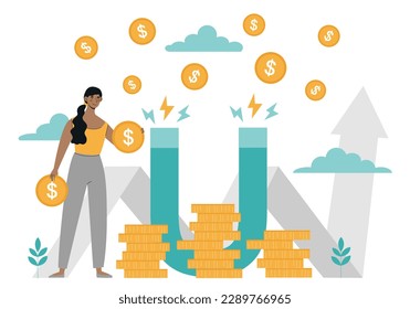 Increasing capital concept. Woman with gold coins near magnet. Talented and successful entrepreneur or investor. Passive income and earnings on Internet. Cartoon flat vector illustration