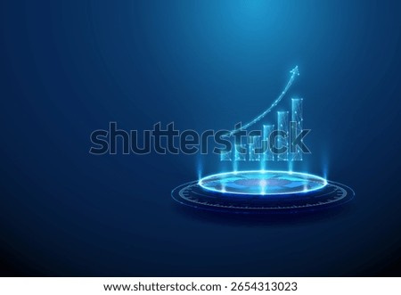 Increasing chart on futuristic podium. Economic growth, business success, data analytics and technological progress concept. Glowing chart, sci-fi platform, wireframe structure.  Vector.