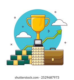 Increasing Competition to Pursue Goals in Business. Trophy, Gold Coin and Forward Arrow