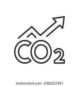 Increasing concentration of carbon dioxide, linear icon. CO2 and up arrow. Increase in emissions. Line with editable stroke