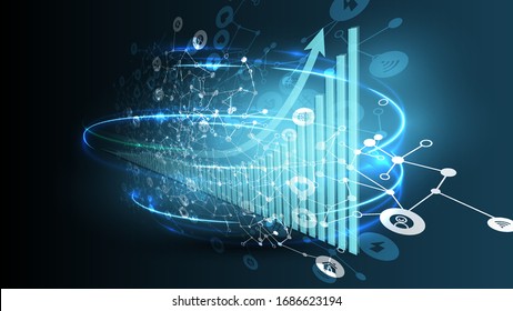 Increasing coronavirus chart with abstract blue background with icons and network, vector illustration