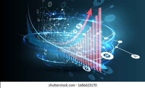 Increasing coronavirus chart with decreasing economy, abstract blue background with icons and network, vector illustration