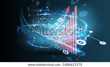 Increasing coronavirus chart with decreasing economy, abstract blue background with icons and network, vector illustration