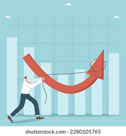 Increasing the economic level, business recovery after the crisis, financial growth, increasing the value of investments, a strategy to improve the condition, a man raises an arrow up with a rope.
