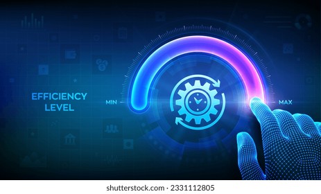 Increasing Efficiency level. Wireframe hand is pulling up to the maximum position circle progress bar with the efficiency icon. Development and growth business concept. Vector illustration.