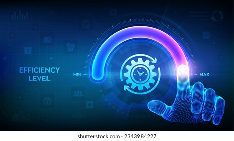 Increasing Efficiency level. Wireframe hand is pulling up to the maximum position circle progress bar with the efficiency icon. Development and growth business concept. Vector illustration.