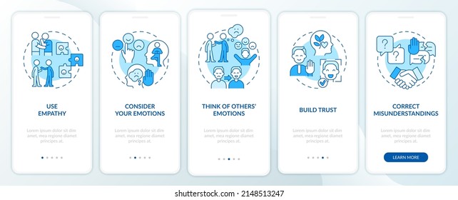 Incremento de la inteligencia emocional azul en la pantalla de aplicación móvil. Recorrido 5 pasos de páginas de instrucciones gráficas con conceptos lineales. UI, UX, plantilla GUI. Multitud de tipos de letra Pro-Bold, con uso regular