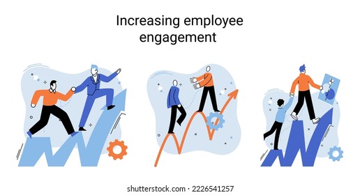 Increasing employee engagement improve their communication within departments, suggesting ways for personal and career growth. Fellow workers assessment concept. Developing profession development plan