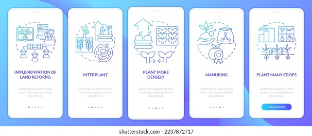 Increasing farming productivity blue gradient onboarding mobile app screen. Walkthrough 5 steps graphic instructions with linear concepts. UI, UX, GUI template. Myriad Pro-Bold, Regular fonts used