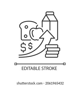 Increasing food prices linear icon. Price inflation. Food insecurity and hunger reason. Thin line customizable illustration. Contour symbol. Vector isolated outline drawing. Editable stroke