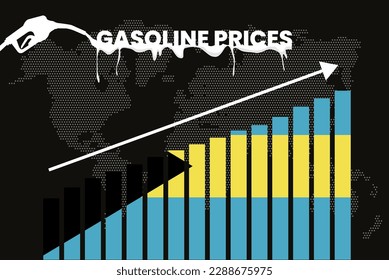 Increasing of gasoline prices in Bahamas, get expensive of fuel prices, bar chart graph, rising values, Bahamas flag on bar graph, upward arrow on data, inflation news banner idea
