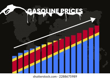 Aumento de los precios de la gasolina en la República Democrática del Congo, encarecimiento de los precios del combustible, gráfico de barras, valores en alza, bandera del Congo en el gráfico de barras, flecha hacia arriba en los datos, idea de pancarta de noticias de inflación