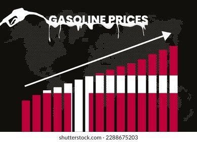 Increasing of gasoline prices in Denmark, get expensive of fuel prices, bar chart graph, rising values, Denmark flag on bar graph, upward arrow on data, inflation news banner idea