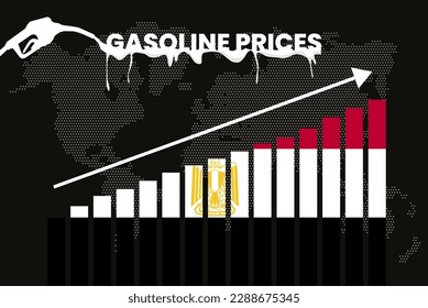 Aumento de los precios de la gasolina en Egipto, encarecimiento de los precios del combustible, gráfico de barras, valores en alza, bandera de Egipto en el gráfico de barras, flecha hacia arriba en los datos, idea de banner de noticias de inflación