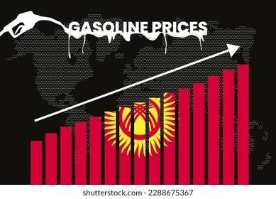 Increasing of gasoline prices in Kyrgyzstan, get expensive of fuel prices, bar chart graph, rising values, Kyrgyzstan flag on bar graph, upward arrow on data, inflation news banner idea