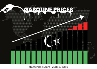 Incremento de los precios de la gasolina en Libia, encarecimiento de los precios del combustible, gráfico de barras, valores en alza, bandera libia en gráfico de barras, flecha hacia arriba en datos, idea de banner de noticias de inflación