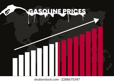 Increasing of gasoline prices in Malta, get expensive of fuel prices, bar chart graph, rising values, Malta flag on bar graph, upward arrow on data, inflation news banner idea