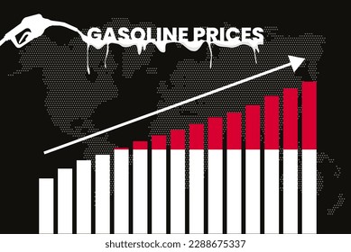 Aumento de los precios de la gasolina en Mónaco, encarecimiento de los precios del combustible, gráfico de barras, valores en alza, bandera de Mónaco en el gráfico de barras, flecha hacia arriba en los datos, idea de banner de noticias de inflación