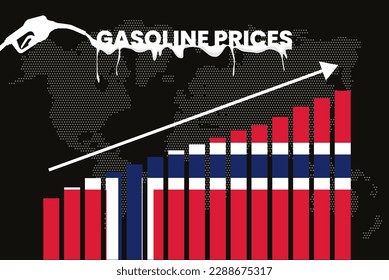 Increasing of gasoline prices in Norway, get expensive of fuel prices, bar chart graph, rising values, Norway flag on bar graph, upward arrow on data, inflation news banner idea