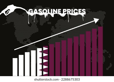 Incremento de los precios de la gasolina en Qatar, encarecimiento de los precios del combustible, gráfico de barras, valores en alza, bandera de Qatar en el gráfico de barras, flecha hacia arriba en los datos, idea de banner de noticias de inflación