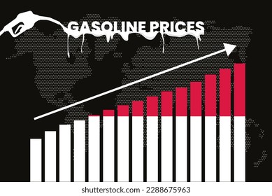 Increasing of gasoline prices in Singapore, get expensive of fuel prices, bar chart graph, rising values, Singapore flag on bar graph, upward arrow on data, inflation news banner idea