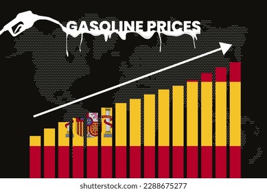 Increasing of gasoline prices in Spain, get expensive of fuel prices, bar chart graph, rising values, Spain flag on bar graph, upward arrow on data, inflation news banner idea