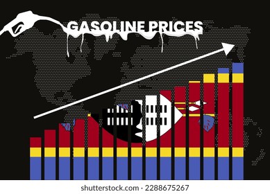 Increasing of gasoline prices in Swaziland, get expensive of fuel prices, bar chart graph, rising values, Swaziland flag on bar graph, upward arrow on data, inflation news banner idea
