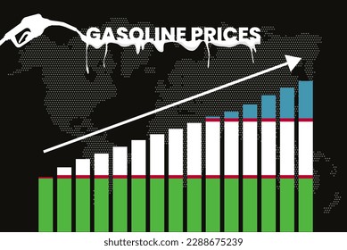 Increasing of gasoline prices in Uzbekistan, get expensive of fuel prices, bar chart graph, rising values, Uzbekistan flag on bar graph, upward arrow on data, inflation news banner idea