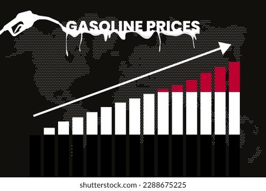 Increasing of gasoline prices in Yemen, get expensive of fuel prices, bar chart graph, rising values, Yemen flag on bar graph, upward arrow on data, inflation news banner idea
