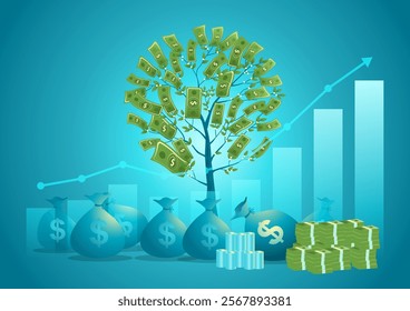 Increasing graph chart with money stacks, money bags, and a flourishing money tree in the background. Financial growth, investment success, wealth accumulation, and compound interest