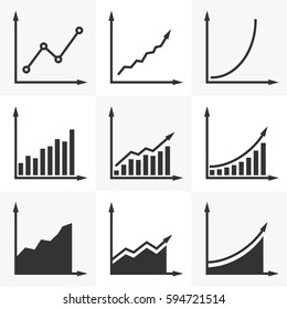 Increasing graph.  Set of vector diagrams with a rising trend. Scheme of increasing profits or positive dynamics for business presentations. Black graph isolated on white.