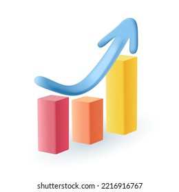 Increasing graphs with upward arrow 3D icon. Financial chart with bars and arrow going up 3D vector illustration on white background. Success, wealth, growth, investment, finances, business concept