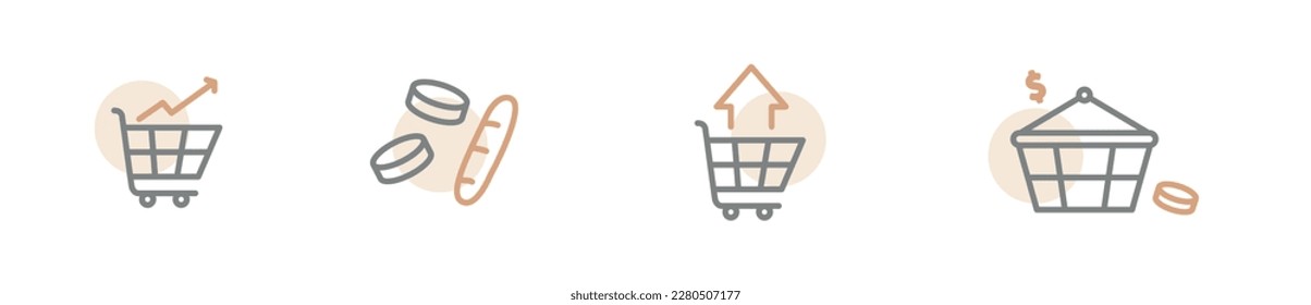 Aumento de los precios de los alimentos conjunto de íconos modernos, concepto de inflación de alimentos, iconos vectores de precios de los supermercados, emblemas de crisis, aumento de los símbolos de gastos aislados en fondo blanco