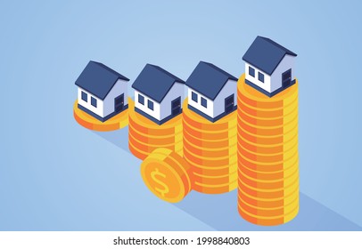 Increasing house prices, houses on isometric piles of gold coins