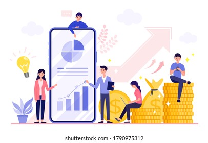 Increasing income and investment. Successful business that grows and generates huge financial profit. Business strategy and analytics. Pile of money, Gold dollar coins, Big phone. Vector illustration.