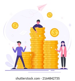 Increasing income and investment. Successful business that grows and generates huge financial profit. Business strategy and analytics. Pile of money. Gold dollar coins. Vector illustration.