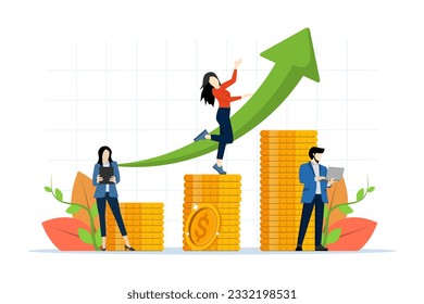 Increasing income and investment, Successful business that grows and generates large financial returns, Business strategy and analytics, Stacks of money, Gold dollar coins. flat vector illustration.