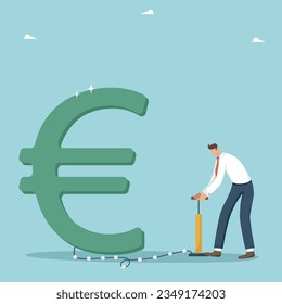 Increasing income and wages, achieving financial goals, return on investment and profitability, savings growth, economic improvement, business promotion to new level, man pumps up euro sign with pump.