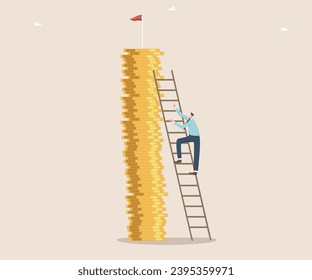 Increasing income and wages, financial growth, improving the economy, profitability of the investment portfolio, promoting business to a new level, man climbs a ladder to the top of a stack of coins. - Shutterstock ID 2395359971
