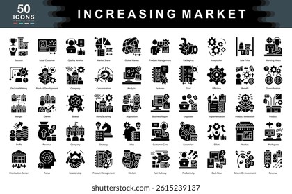 The Increasing Market black icon set illustrates growth strategies, brand expansion, and product development, ideal for sales forecasts, business insights, and global market analysis.