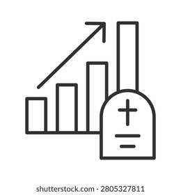 Increasing mortality rate statistics icon in line design. Mortality, death rate, increasing, statistics, tombstone, gravestone, epidemic on white background vector. Mortality rate editable stroke icon