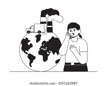 The increasing number of motor vehicles results in the smoke produced thinning the earth's ozone layer, black and white outline style, vector illustration of social issues.