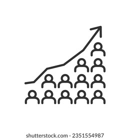 Increasing the number of people, linear icon. People and the upward chart. Line with editable stroke