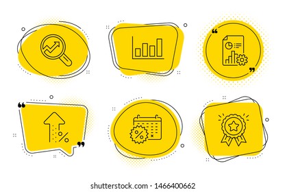 Increasing percent, Analytics and Loyalty award signs. Chat bubbles. Calendar discounts, Report diagram and Report line icons set. Shopping, Financial market, Presentation document. Discount. Vector