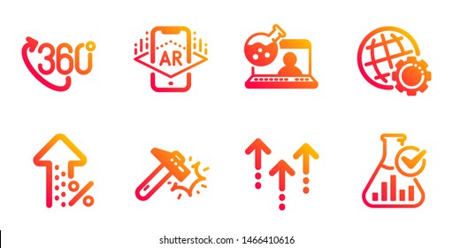 Increasing percent, Augmented reality and Hammer blow line icons set. 360 degree, Globe and Swipe up signs. Online chemistry, Chemistry lab symbols. Discount, Phone simulation. Vector