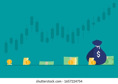 Increasing piles of gold coins and money with candle graph. 