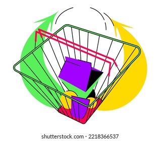 Increasing price of food basket - colorful flat design style illustration with linear elements. Colored composition with daily commodities in the supermarket. Packet of milk, fruits and vegetables