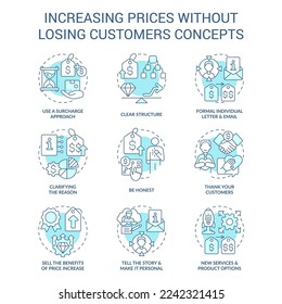 Aumentar los precios sin perder los iconos de concepto azul establecidos por los clientes. Ilustraciones de la idea de estrategia comercial en color de línea delgada. Símbolos aislados. Trazo editable. Fuentes Roboto-Medium, Myriad Pro-Bold utilizadas