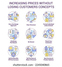 Increasing prices without losing customers concept icons set. Commercial strategy idea thin line color illustrations. Isolated symbols. Editable stroke. Roboto-Medium, Myriad Pro-Bold fonts used
